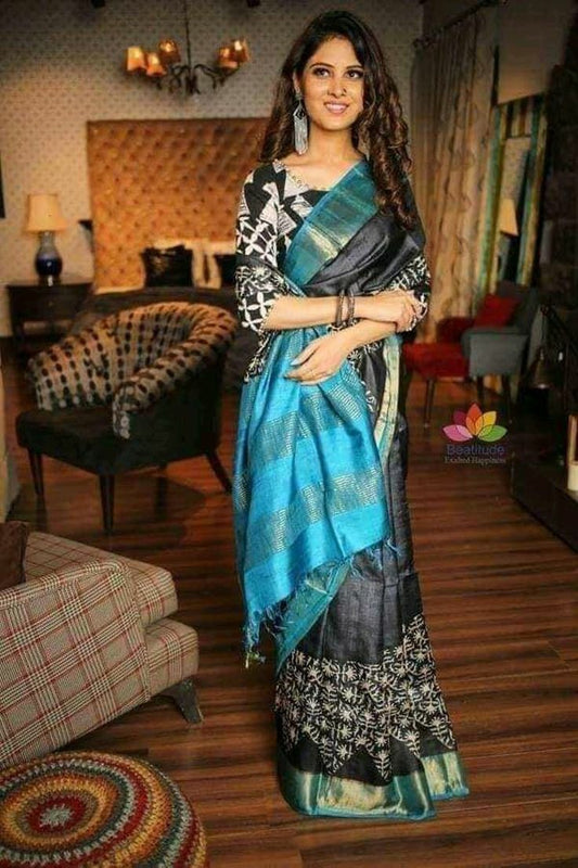 Blue Black Block Printed Zari Border Pure Silk Mark Certified Tussar Silk Sarees