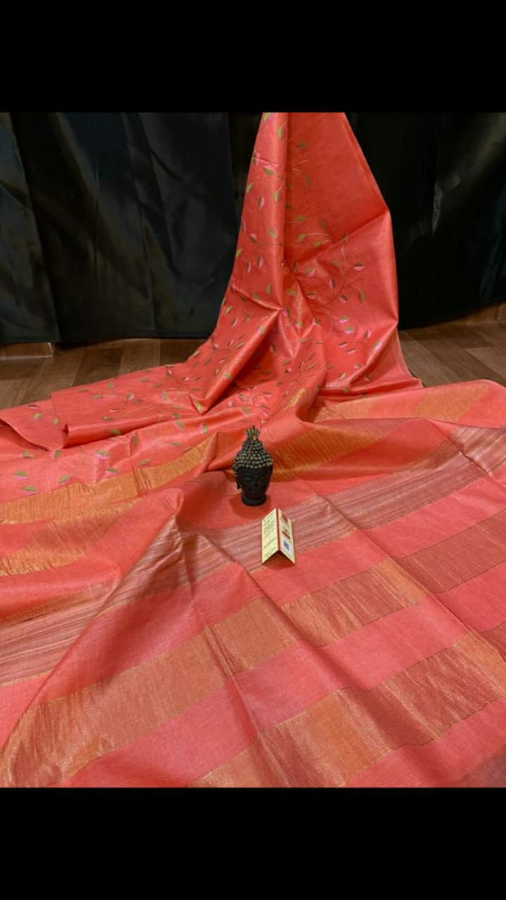 Strawberry Red Hand Painted Zari Border Pure Silk Mark Certified Tussar Silk Sarees - Dailybuyys
