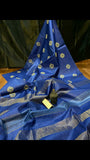 Royal Blue Block Printed Zari Border Pure Silk Mark Certified Tussar Silk Sarees