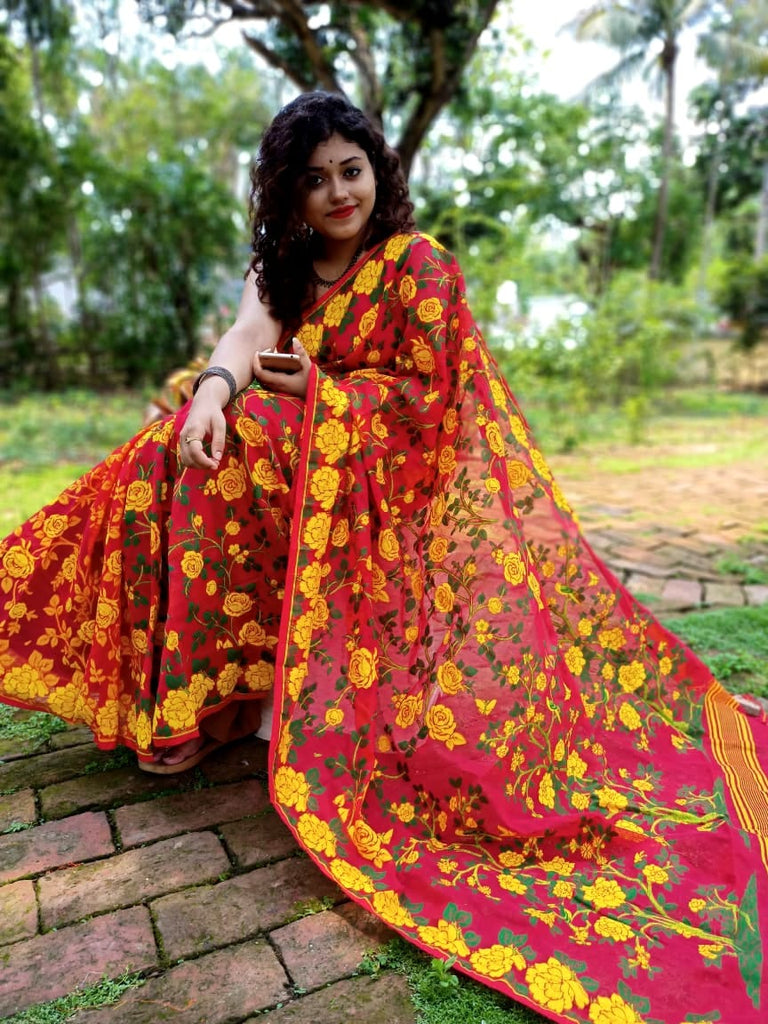 Red And Yellow Rose Printed Pure Pure Cotton Pure Pure Cotton Dhakai Jamdani Sarees