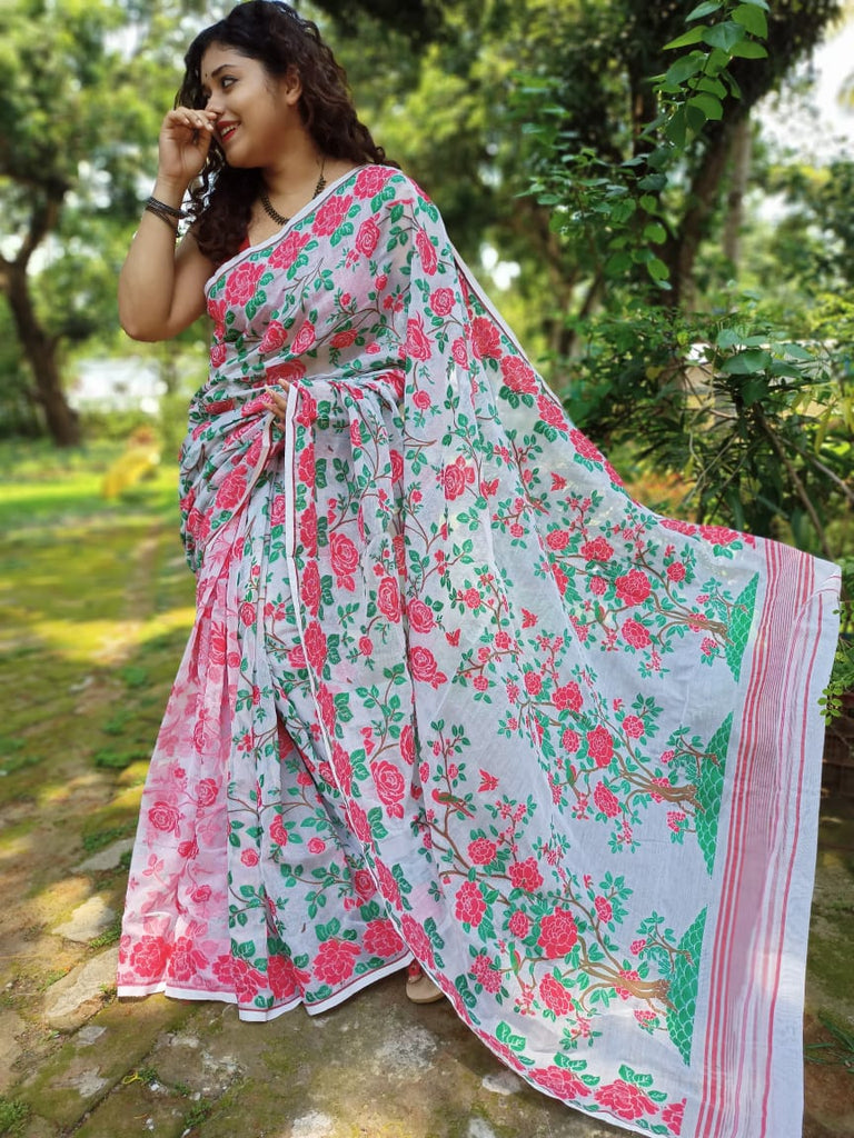 Red And White Rose Printed Pure Pure Cotton Pure Pure Cotton Dhakai Jamdani Sarees Get Extra 10% Discount on All Prepaid Transaction