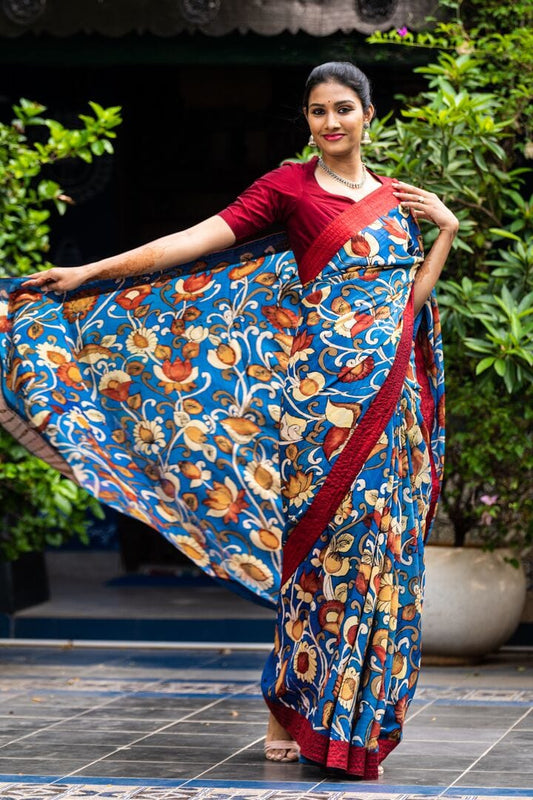 Admiral Blue And MultiColour Hand Painted Pure Silk Mark Certified Tussar Silk Kalamkari Sarees