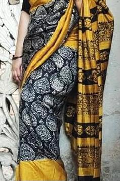 Black Yellow Block Printed Pure Silk Mark Certified Bishnupuri Silk Sarees