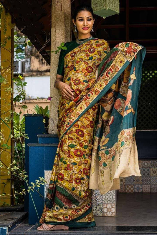 Canary Yellow And MultiColour Hand Painted Kalamkari Art Work Pure Pure Silk Mark Certified Tussar Silk Sarees