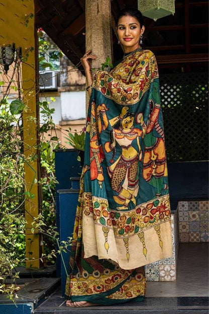 Canary Yellow And MultiColour Hand Painted Kalamkari Art Work Pure Pure Silk Mark Certified Tussar Silk Sarees