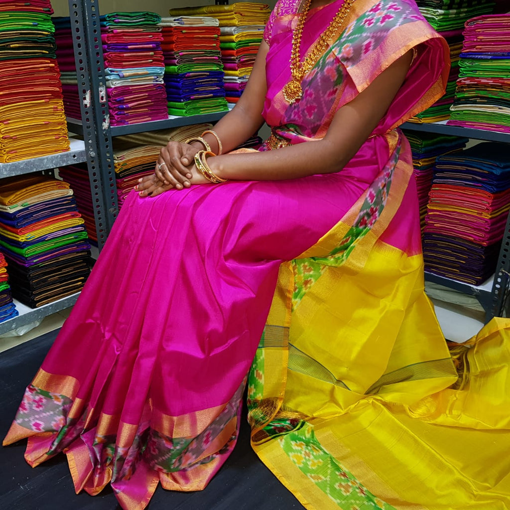 SHRIJIYA FASHION Women's South Trend Soft Cotton Silk Blend Banarasi Saree  With Pure Kanchipuram Pattu Sarees & Blouse(Green Pink)