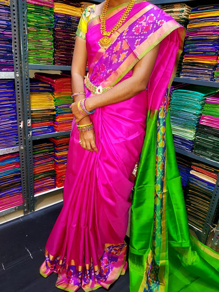 Magenta pink and Green Pochampalli Border Pure Uppada Pattu Silk Sarees