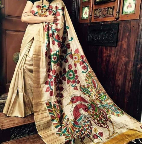Beige And MultiColour Hand Painted Pure Pure Silk Mark Certified Tussar Silk Kalamkari Sarees Get Extra 10% Discount on All Prepaid Transaction