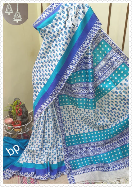 Beige MultiColour Block Printed Pure Silk Mark Certified Murshidabad Silk Sarees