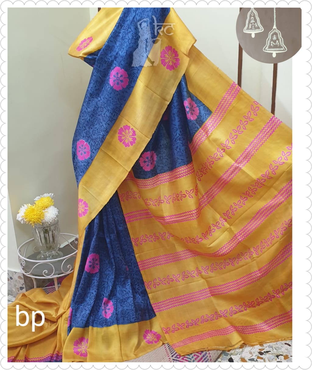 Amiral Blue And Yellow Border Block Printed Pure Silk Mark Certified Murshidabad Silk Sarees