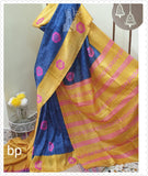 Amiral Blue And Yellow Border Block Printed Pure Silk Mark Certified Murshidabad Silk Sarees Get Extra 10% Discount on All Prepaid Transaction