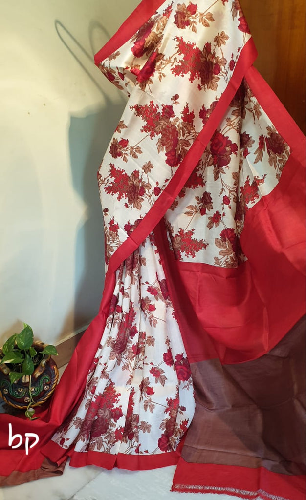 Red And white Block Printed Pure Silk Mark Certified Murshidabad Silk Sarees