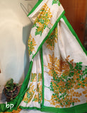 White and Green Block Printed Pure Silk Mark Certified Murshidabad Silk Sarees