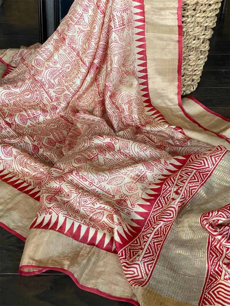 Red With Golden Zari Border Block Printed Pure Silk Mark Certified Tussar Silk Sarees ( FLAT 15% DISCOUNT AVAILABLE ) Limited time Offer