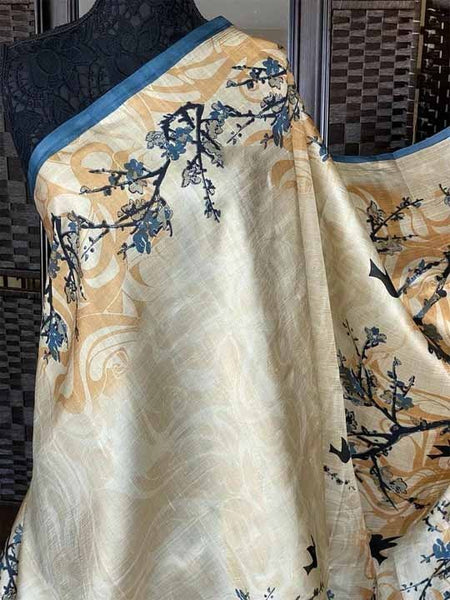 White And Blue Floral Hand Painted Pure Silk Mark Certified Bishnupuri Silk Sarees