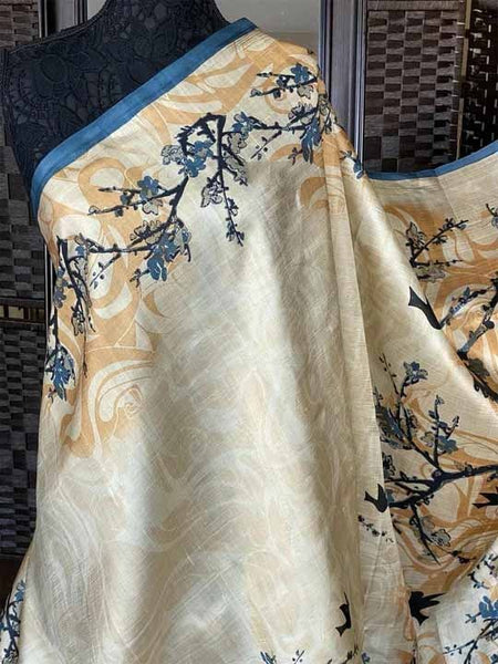 Beige White And Blue Floral Hand Painted Pure Pure Silk Mark Certified Tussar Silk Sarees ( FLAT 15% DISCOUNT AVAILABLE ) Limited time Offer