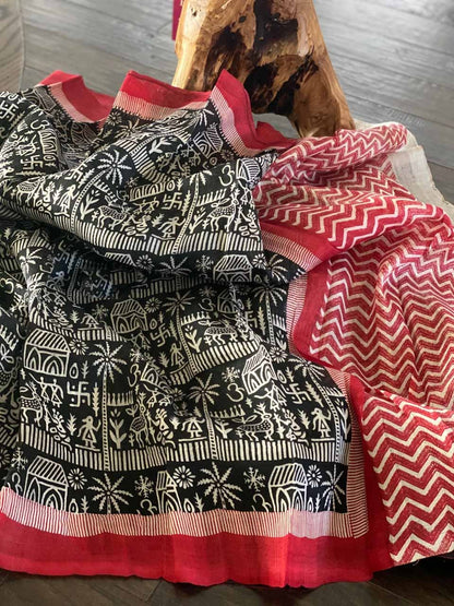 Black And Red Block Printed Pure Silk Mark Certified Bishnupuri Silk Sarees - Dailybuyys