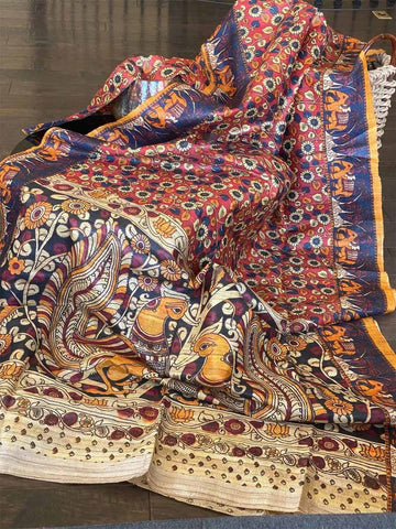 Apple Red And MultiColour Hand Painted Pure Pure Silk Mark Certified Tussar Silk Kalamkari Sarees Get Extra 10% Discount on All Prepaid Transaction