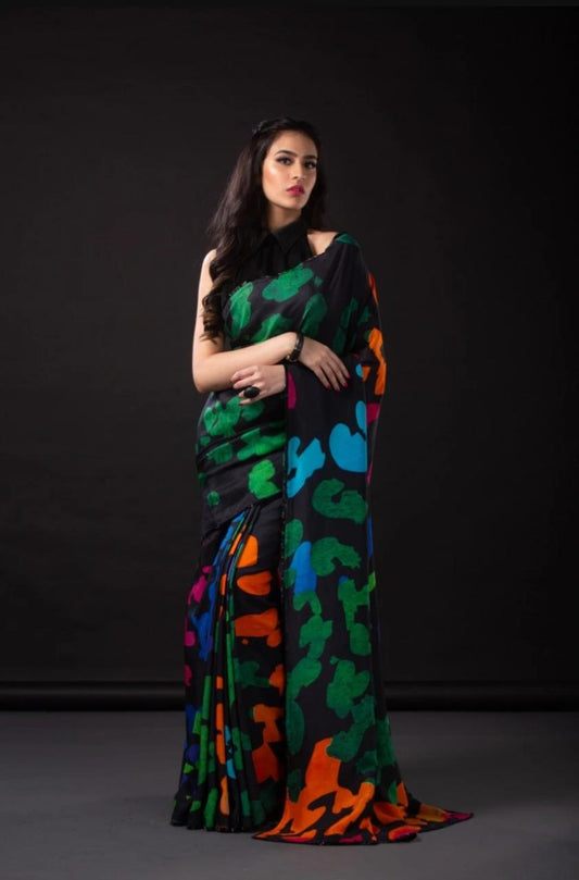 Black And MultiColour Hand Painted Pure Silk Mark Certified Bishnupuri Silk Sarees