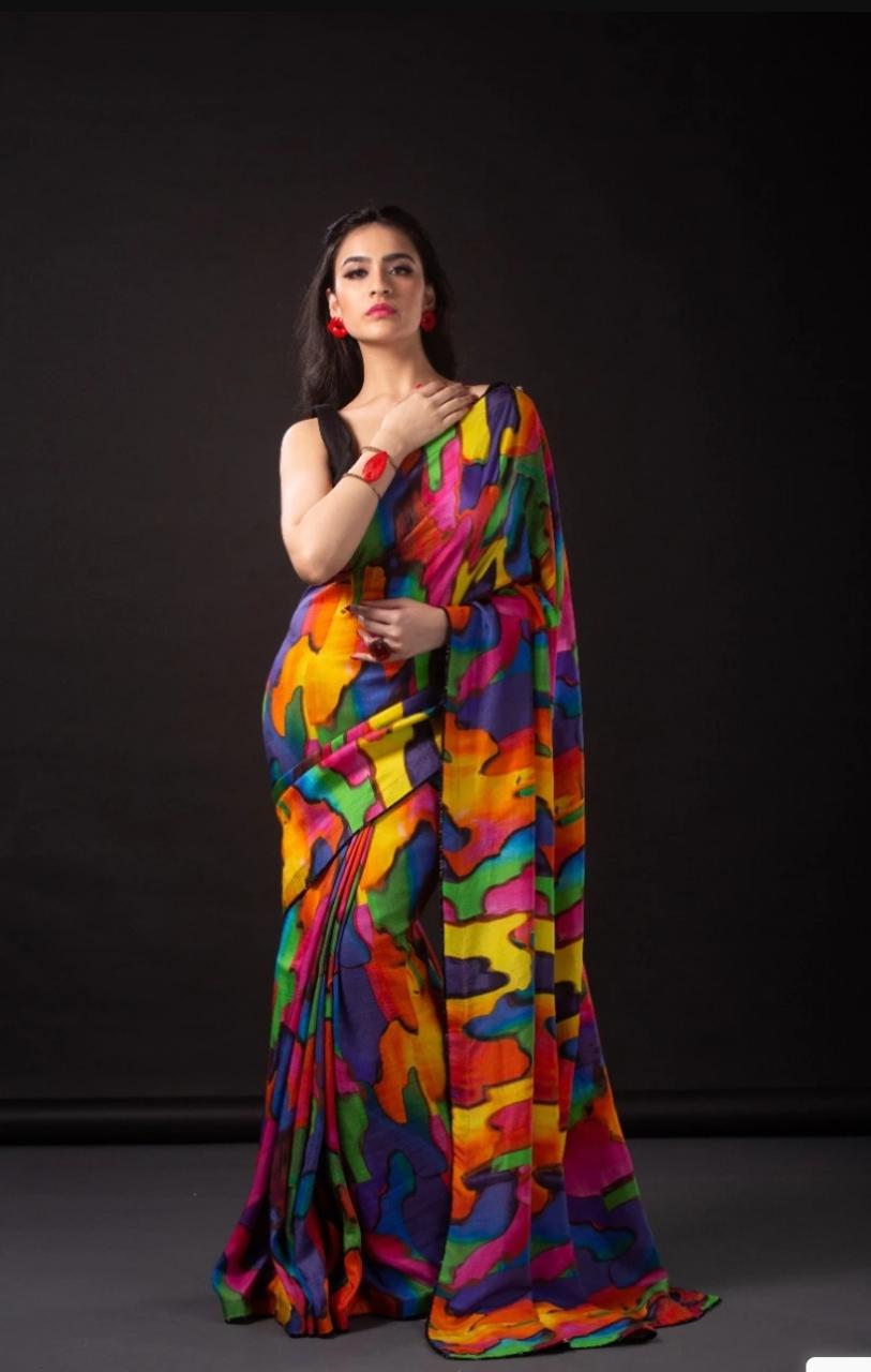 Multi color Hand Painted Pure Silk Mark Certified Murshidabad Silk Sarees