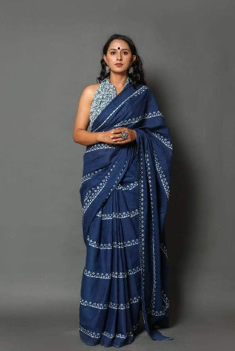 Navy Blue Block Printed Pure Silk Mark Certified Bishnupuri Silk Sarees