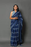 Navy Blue Block Printed Pure Silk Mark Certified Bishnupuri Silk Sarees