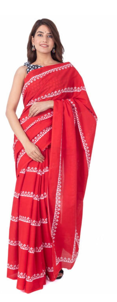 Red Block Printed Pure Silk Mark Certified Bishnupuri Silk Sarees