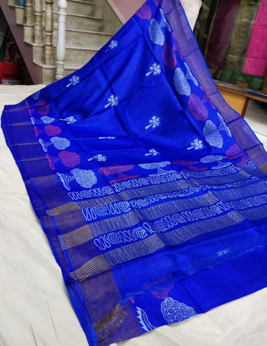 Blue Block Printed Zari Border Pure Silk Mark Certified Tussar Silk Sarees