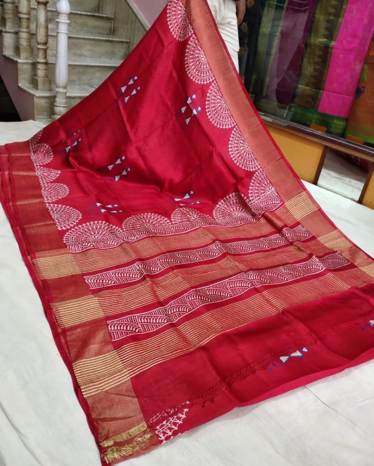 Red Block Printed Zari Border Pure Silk Mark Certified Tussar Silk Sarees