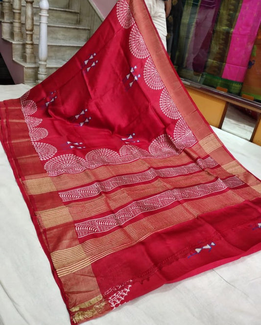 Red Block Printed Zari Border Pure Silk Mark Certified Tussar Silk Sarees