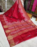 Red Block Printed Zari Border Pure Silk Mark Certified Tussar Silk Sarees
