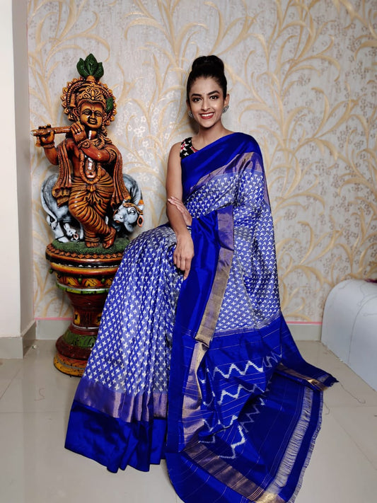 Royal Blue With Golden Zari Border HandWoven Ikkat Silk Sarees