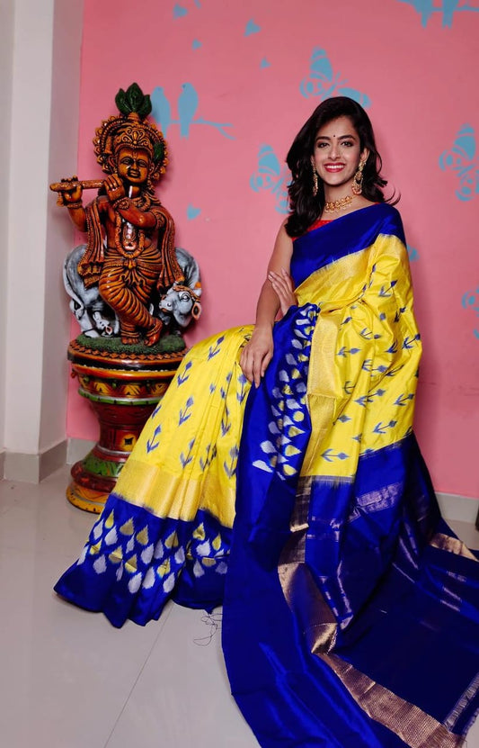 Yellow And Blue Designer Border HandWoven Ikkat Silk Sarees