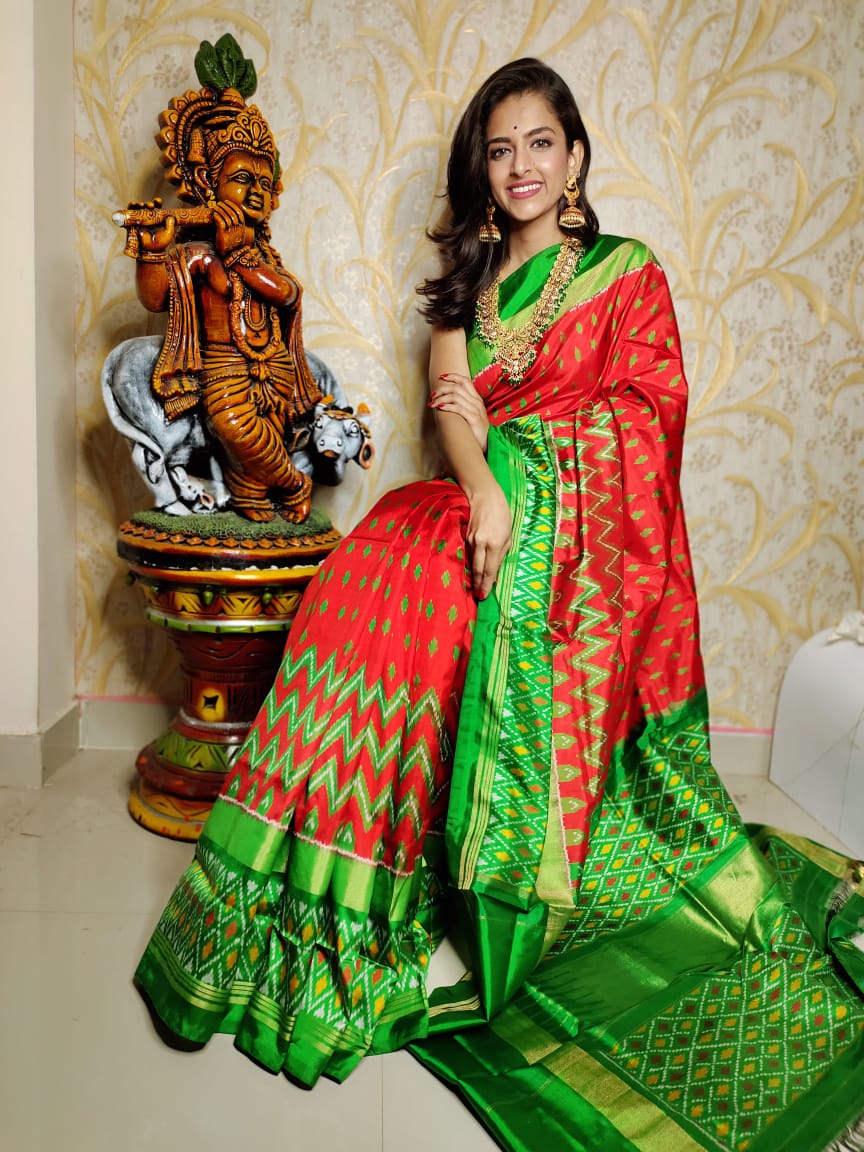 Red And Green Designer Border HandWoven Ikkat Silk Sarees