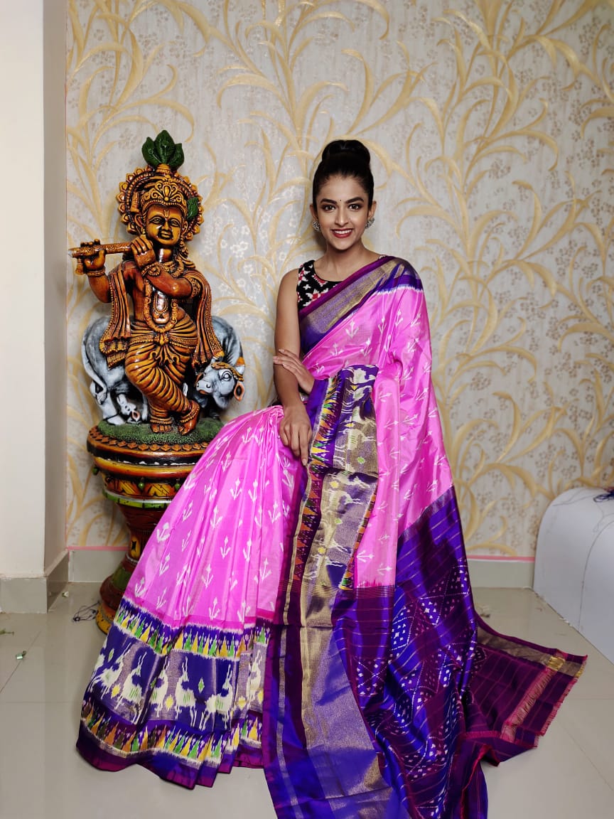 Pink And Blue Designer Border HandWoven Ikkat Silk Sarees