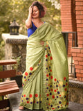 Olive Green Applique Kantha Work Pure Silk Mark Certified Bishnupuri Silk Sarees Get Extra 10% Discount on All Prepaid Transaction