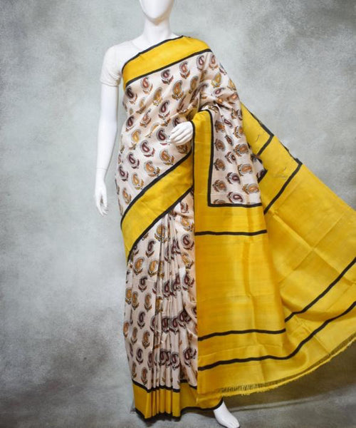 Cream And SunFlower Yellow Block Printed Pure Silk Mark Certified Bishnupuri Silk Sarees
