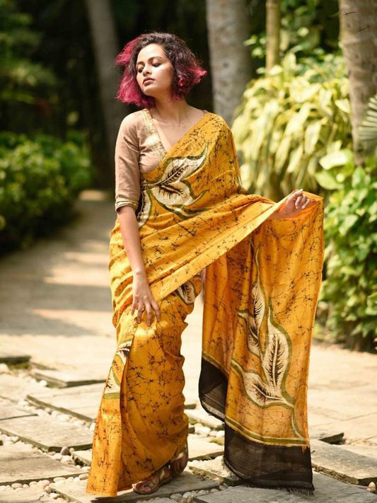 ButterScotch Yellow Hand Batik Painted Pure Silk Mark Certified Bishnupuri Silk Sarees