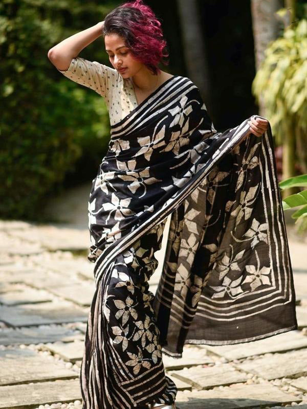 Black And White Hand Painted Pure Silk Mark Certified Bishnupuri Silk Sarees