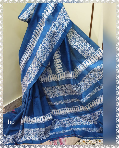 Cobalt Blue Block Printed Pure Silk Mark Certified Bishnupuri Silk Sarees