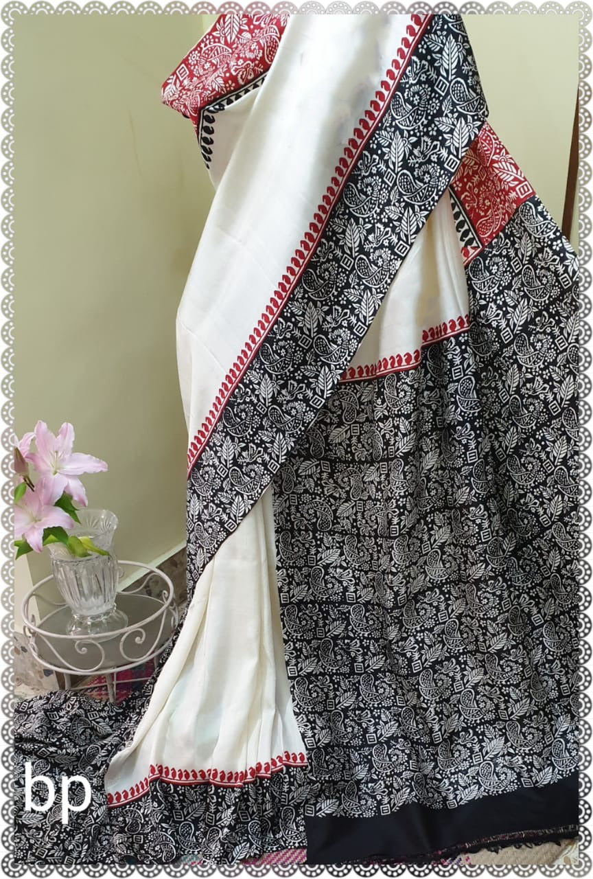 White And Red Border Block Printed Pure Silk Mark Certified Bishnupuri Silk Sarees