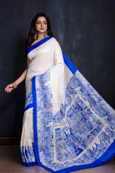 White and Royal Blue Hand Painted Pure Silk Mark Certified Bishnupuri Silk Sarees