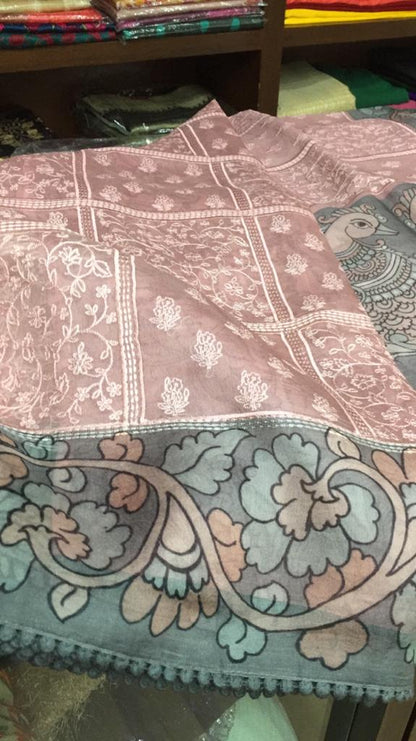 Pink Hand Painted Pure Silk Mark Certified Tussar Silk Kalamkari Sarees