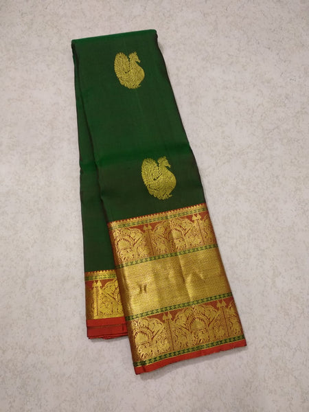 Dark Green And Orange Pallu Pure Handwoven Kanjivaram Silk Sarees