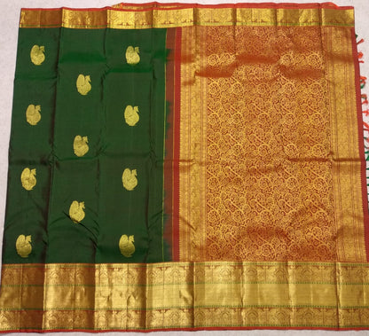 Dark Green And Orange Pallu Pure Handwoven Kanjivaram Silk Sarees