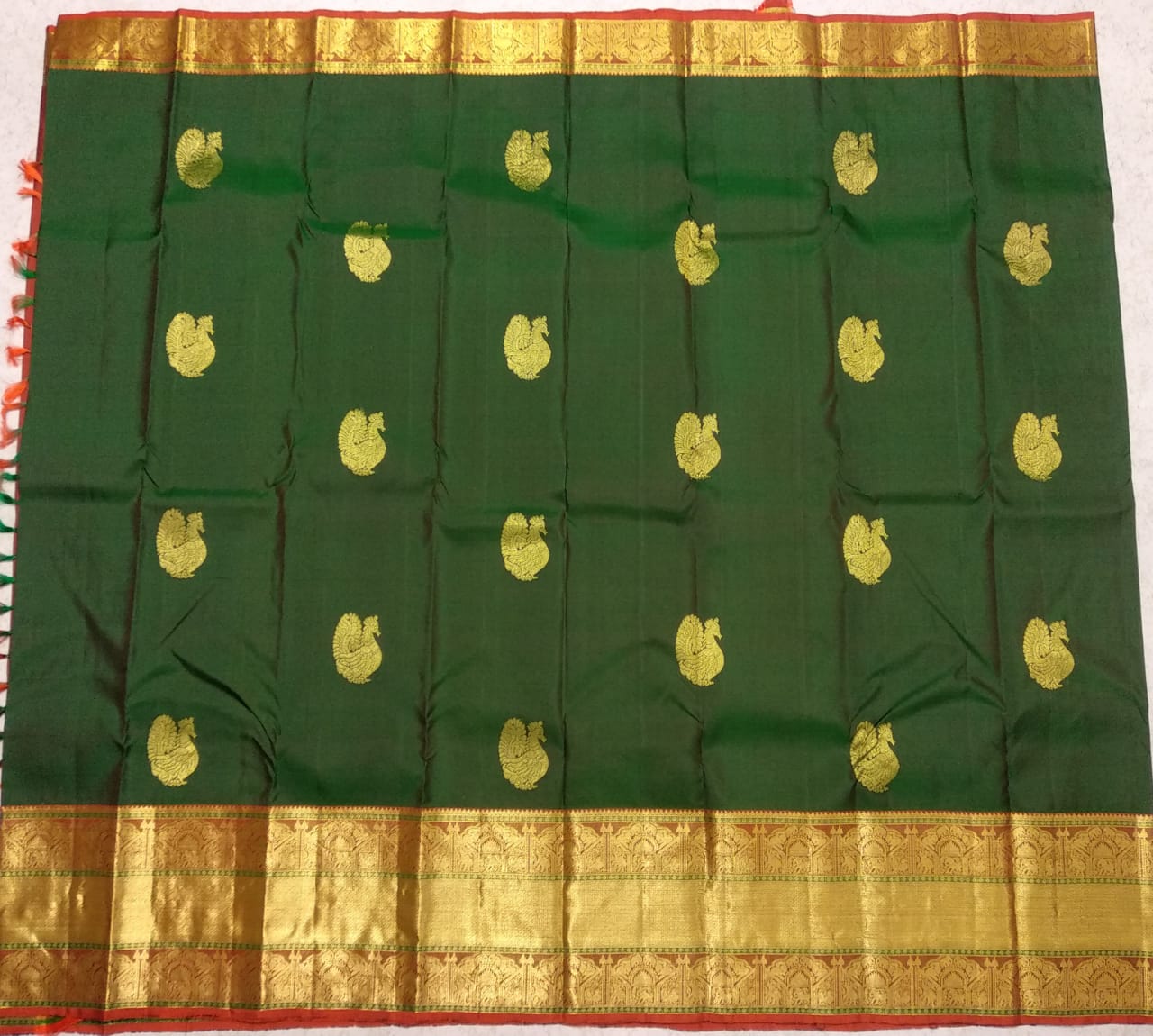 Dark Green And Orange Pallu Pure Handwoven Kanjivaram Silk Sarees