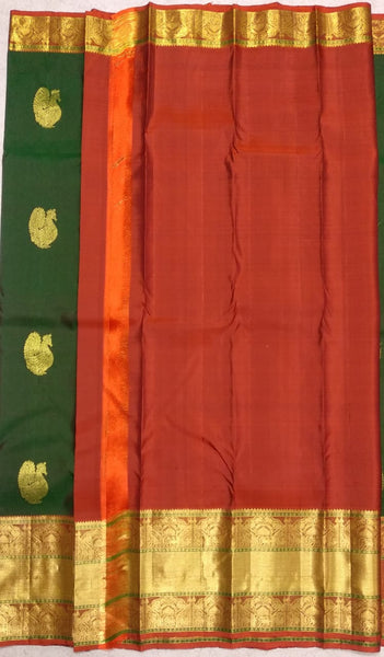Dark Green And Orange Pallu Pure Handwoven Kanjivaram Silk Sarees