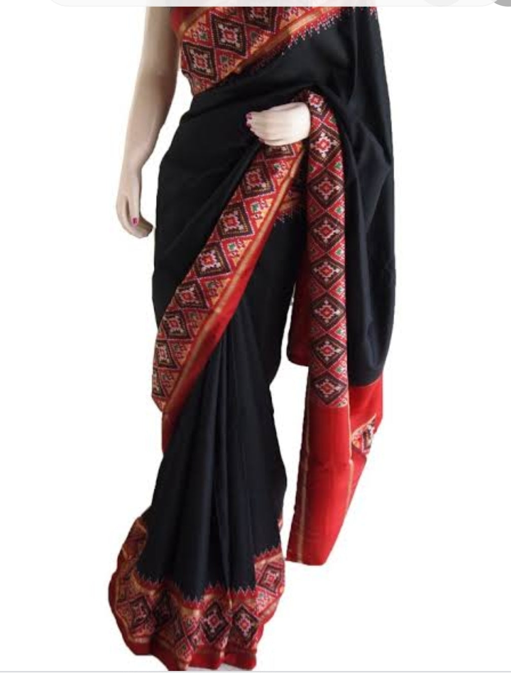 Black And Red Potala Border Block Printed Pure Silk Mark Certified Bishnupuri Silk Sarees