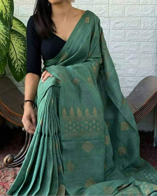 Pine Green Organic Pure Linen Sarees