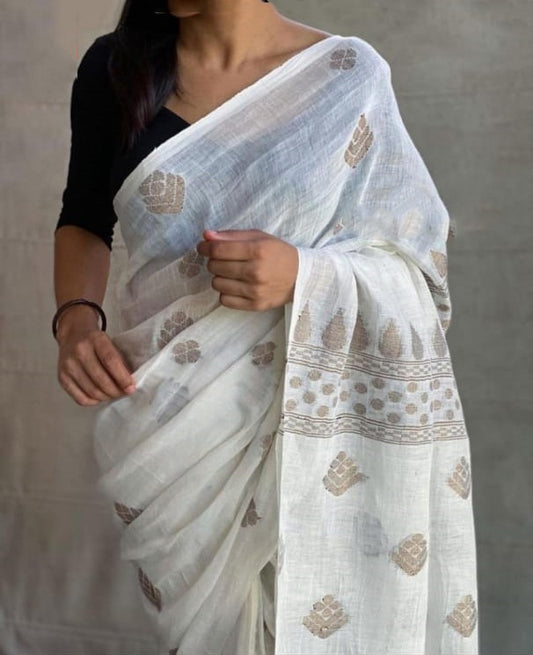 White Organic Pure Linen Sarees